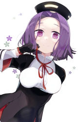 Rule 34 | 1girl, black gloves, blush, breasts, buttons, closed mouth, gloves, halo, highres, kantai collection, large breasts, long sleeves, mechanical halo, purple eyes, purple hair, red ribbon, ribbon, salamander (hop-step), school uniform, short hair, smile, solo, tatsuta (kancolle), upper body, white background