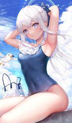 Rule 34 | 1girl, absurdres, ahoge, armpits, arms behind head, arms up, bare shoulders, beach, bird, blue archive, blue eyes, blue sky, blush, bow, breasts, closed mouth, cloud, collarbone, covered navel, day, hair between eyes, hair bow, hair ribbon, highres, kep (ahokep), long hair, looking at viewer, medium breasts, miyako (blue archive), miyako (swimsuit) (blue archive), one-piece swimsuit, outdoors, ponytail, purple eyes, ribbon, school swimsuit, seagull, sky, swimsuit, thighs, wet, white hair