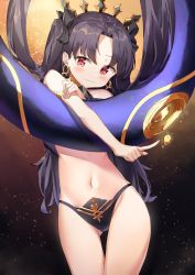 Rule 34 | 1girl, absurdres, bare shoulders, black background, black hair, black panties, blush, commentary, crown, earrings, fate/grand order, fate (series), hair ribbon, highres, hoop earrings, ishtar (fate), jewelry, kuse (0201), long hair, looking at viewer, navel, orange background, panties, parted bangs, red eyes, ribbon, single thighhigh, smile, solo, thighhighs, two side up, underwear