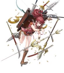 Rule 34 | 1girl, anna (fire emblem), backpack, bag, blush, boots, brown footwear, charm (object), female focus, fire emblem, fire emblem awakening, fire emblem heroes, full body, high heel boots, high heels, highres, holding, holding polearm, holding spear, holding weapon, kaya8, knee boots, long hair, matching hair/eyes, nintendo, official art, open mouth, polearm, ponytail, red eyes, red hair, short sleeves, shorts, solo, spear, sword, torn clothes, transparent background, weapon
