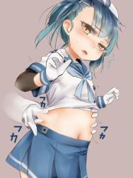 Rule 34 | 1girl, akino shuu, arm warmers, belly grab, blue hair, blue neckwear, blue ribbon, blue sailor collar, blue skirt, brown eyes, clothes lift, cowboy shot, fang, fukae (kancolle), gloves, hat, kantai collection, navel, open mouth, pinching, purple background, ribbon, sailor collar, sailor hat, school uniform, serafuku, shirt lift, simple background, single arm warmer, skirt, solo, white gloves, white hat