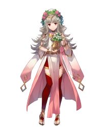 Rule 34 | 1girl, artist request, choker, closed mouth, dress, expressionless, fire emblem, fire emblem heroes, flower, flower pot, full body, gold trim, gradient clothes, grey hair, hair ornament, head tilt, highres, holding, jewelry, long hair, looking at viewer, nintendo, official art, pelvic curtain, red hair, red thighhighs, sandals, solo, thighhighs, tiara, toes, transparent background, veronica (fire emblem), wide sleeves