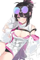 Rule 34 | 1girl, ahoge, bandaged arm, bandages, black hair, blue eyes, blush, breasts, cleavage, cleavage cutout, clothing cutout, commentary request, dress, eyewear on head, girls&#039; frontline, girls&#039; frontline neural cloud, hair bun, heterochromia, highres, holding, holding mask, jacket, large breasts, licking lips, looking at viewer, mask, mole, mole on breast, multicolored hair, off shoulder, pink hair, purple eyes, scalpel, simple background, solo, streaked hair, tae (ra m1209), thighs, tinted eyewear, tongue, tongue out, vee (neural cloud), white background, white dress