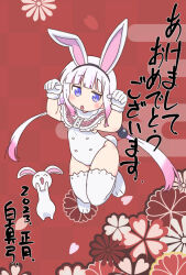 Rule 34 | 1girl, animal, animal ears, blue eyes, blush, buttons, capelet, fake animal ears, fake tail, floral background, gloves, gradient hair, hair ornament, jitome, kanna kamui, kobayashi-san chi no maidragon, leotard, light purple hair, multicolored hair, open mouth, pink hair, playboy bunny, rabbit, rabbit ears, rabbit tail, red background, shirakawa mayumi, tail, thighhighs, twintails, white gloves, white leotard, white thighhighs