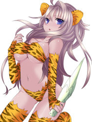 Rule 34 | 1girl, :o, animal ears, animal print, bikini, blue eyes, breasts, dagger, knife, large breasts, long hair, looking at viewer, navel, original, saibashi, shiny skin, simple background, solo, swimsuit, thighhighs, tiger print, very long hair, weapon, white background