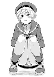 Rule 34 | 10s, 1girl, blush, clothes writing, dress, from below, greyscale, hat, kantai collection, looking at viewer, looking down, monochrome, nathaniel pennel, panties, pantyshot, sailor collar, sailor dress, sailor hat, short hair, simple background, solo, squatting, underwear, very short hair, white background, z1 leberecht maass (kancolle)