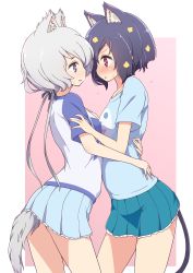 Rule 34 | 2girls, :o, absurdres, animal ears, black hair, black ribbon, blouse, blue eyes, blue shirt, blue skirt, blush, cat ears, cat tail, commentary, dog tail, flower, from side, hair flower, hair ornament, hair ribbon, highres, hug, kemonomimi mode, konno junko, lace, lace-trimmed skirt, lace trim, leaning forward, light smile, long hair, looking at another, low twintails, mel (melty pot), miniskirt, mizuno ai, multiple girls, outdoors, parted lips, pink background, pleated skirt, print shirt, raglan sleeves, red eyes, ribbon, shirt, short hair, short sleeves, silver hair, skirt, standing, sweatdrop, t-shirt, tail, twintails, yuri, zombie land saga
