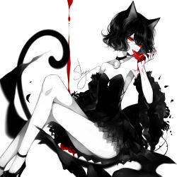 Rule 34 | 1girl, absurdres, animal ears, artist name, ass, bare arms, bare legs, bare shoulders, black choker, black dress, black footwear, black hair, blood, breasts, cat ears, cat tail, choker, crescent, crescent choker, detached sleeves, dress, eating, eyelashes, feet out of frame, food, hand up, high heels, highres, holding, holding food, invisible chair, knees up, crossed legs, limited palette, long sleeves, looking at viewer, meat, nail polish, original, red eyes, red nails, sheya, signature, simple background, sitting, small breasts, solo, spot color, strapless, strapless dress, tail, thighs, white background, wide sleeves