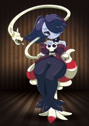 Rule 34 | 1girl, blue hair, blue skin, breasts, cinnamon6, colored skin, covered erect nipples, detached collar, detached sleeves, dress, hair over one eye, hands on own chest, highres, large breasts, leviathan (skullgirls), red eyes, side ponytail, sitting, skeletal arm, skullgirls, smile, solo, squigly (skullgirls), striped clothes, striped sleeves, striped thighhighs, thighhighs, wide hips