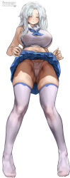 Rule 34 | 1girl, absurdres, angela (project moon), blue neckerchief, blue skirt, blush, breasts, chroong, closed eyes, closed mouth, clothes lift, facing viewer, full body, grey hair, highres, large breasts, lifting own clothes, lobotomy corporation, long hair, neckerchief, panties, pleated skirt, project moon, sailor collar, shirt, simple background, skirt, skirt lift, sleeveless, sleeveless shirt, solo, standing, sweat, thighhighs, underwear, watermark, white background, white panties, white sailor collar, white thighhighs