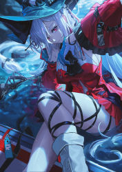 Rule 34 | 1girl, aqua hat, arknights, arm support, black ribbon, blue gloves, breasts, commentary, detached sleeves, dress, frilled sleeves, frills, gloves, hair between eyes, hat, highres, large breasts, leg ribbon, legs, long hair, long sleeves, looking at viewer, official alternate costume, partially submerged, red dress, red eyes, ribbon, skadi (arknights), skadi the corrupting heart (arknights), solo, ttk (kirinottk), twintails, very long hair, water, wet, wet hair, white hair, wide sleeves, wristband
