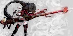 Rule 34 | 1girl, albino, belt, black thighhighs, breasts, buckle, bullet, chain, choker, cleavage, colored skin, contrapposto, corset, cross-laced clothes, cuffs, dress, frilled dress, frills, garter straps, grey background, gun, hair between eyes, highres, holster, huge weapon, jittsu, long hair, machine gun, machinery, maid, maid headdress, mecha musume, mechanical arms, original, pointy ears, red eyes, shackles, short dress, single mechanical arm, sleeveless, sleeveless dress, smoke, solo, standing, thigh holster, thigh strap, thighhighs, weapon, white hair, white skin, wrist cuffs