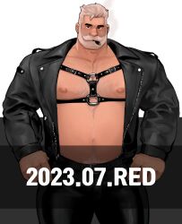 Rule 34 | 1boy, arms at sides, bara, beard, beard over mouth, belly, chest belt, cigar, cowboy shot, dated, dopey (dopq), facial hair, fat, fat man, framed pectorals, full beard, highres, jacket, large pectorals, leather, leather jacket, looking at viewer, male focus, mature male, muscular, muscular male, mustache, nipples, old, old man, open clothes, open jacket, original, paid reward available, pectorals, short hair, smoking, solo, sparse chest hair, thick beard, thick eyebrows, thick mustache, watermark, white hair