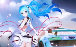 Rule 34 | 1girl, ass, audi, audi r8, bad id, bad pixiv id, blue eyes, blue hair, blurry, breasts, car, cloud, cowboy shot, day, depth of field, elbow gloves, from behind, gloves, goodsmile company, goodsmile racing, hatsune miku, headset, highres, lens flare, looking at viewer, looking back, machinery, medium breasts, motor vehicle, multicolored clothes, multicolored gloves, petals, race queen, race vehicle, racecar, racing miku, racing miku (2014), samui amekemuri, sky, solo, twintails, vocaloid, wire