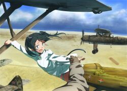 Rule 34 | 1girl, aircraft, airplane, animal ears, brown gloves, cat ears, cat tail, commentary request, francesca lucchini, gloves, green eyes, green hair, highres, noah (0bp3292), open mouth, outstretched hand, panties, shirt, strike witches, striker unit, striped clothes, striped panties, tail, twintails, underwear, white shirt, world witches series