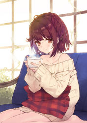Rule 34 | 1girl, atelier (series), atelier sophie, bare legs, bare shoulders, barefoot, blush, braid, brown eyes, brown hair, closed mouth, collarbone, couch, cup, hair ornament, long sleeves, mug, noco (adamas), official art, pillow, plant, short hair, sitting, smile, sophie neuenmuller, steam, sweater, vines, wariza