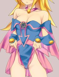 Rule 34 | 1girl, bare shoulders, blonde hair, blush, breasts, cleavage, close-up, clothes lift, collarbone, dark magician girl, duel monster, gauntlets, hexagram, highres, jewelry, long hair, necklace, open mouth, shirt, skirt, skirt lift, solo, strapless, yu-gi-oh!, yu-gi-oh! duel monsters, zuttokodomo