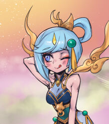 Rule 34 | 1girl, ;q, arm behind head, bare shoulders, blue dress, breasts, cleavage, collarbone, dress, green dress, grey hair, hair ornament, large breasts, league of legends, lunar empress lux, lux (league of legends), medium hair, multicolored background, one eye closed, phantom ix row, shiny skin, smile, solo, tongue, tongue out, upper body