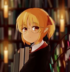 Rule 34 | 1girl, aldaris, alternate costume, alternate hair length, alternate hairstyle, bad id, bad pixiv id, blonde hair, blurry, book, bookshelf, candle, cloak, collared shirt, commentary request, crystal, depth of field, flandre scarlet, glasses, harry potter (series), highres, hogwarts school uniform, holding, holding book, library, long sleeves, looking at viewer, necktie, no headwear, orange eyes, pointy ears, red ribbon, ribbon, round eyewear, school uniform, shirt, short hair, side ponytail, solo, striped necktie, striped neckwear, touhou, white shirt, wings, wizarding world
