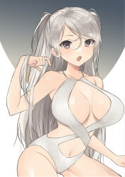 Rule 34 | 1girl, absurdres, alternate costume, breasts, brown eyes, clothing cutout, collarbone, conte di cavour (kancolle), cowboy shot, hair between eyes, highres, kantai collection, large breasts, long hair, looking at viewer, navel, one-piece swimsuit, open mouth, simple background, solo, stomach cutout, swimsuit, toriniku senshi chikinman, two side up, underboob cutout, white background, white one-piece swimsuit