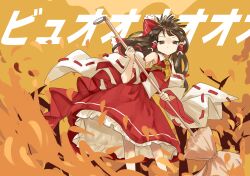 Rule 34 | 1girl, absurdres, bow, broom, brown eyes, brown hair, closed mouth, commentary request, detached sleeves, feet out of frame, hair bow, hair tubes, hakurei reimu, highres, holding, holding broom, kyoufuu all back (vocaloid), looking at viewer, orange background, red bow, red skirt, ribbon-trimmed sleeves, ribbon trim, sidelocks, skirt, solo, standing, touhou, usayoshi (touhopu2), wide sleeves