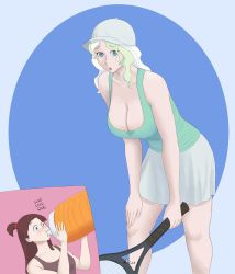 Rule 34 | 10s, 2girls, artist name, blue eyes, breasts, brown hair, cleavage, diana cavendish, downblouse, drinking, female focus, green hair, hat, kagari atsuko, large breasts, leaning forward, little witch academia, multicolored hair, multiple girls, racket, skirt, standing, sweat, tennis racket, thotticus-slayer, two-tone hair, wavy hair, white hair, wide-eyed