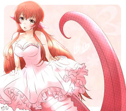 Rule 34 | 10s, 1girl, artist name, artist request, bare shoulders, blush, breasts, chigu (chiguring), cleavage, dress, frilled dress, frills, heart, highres, lamia, large breasts, long hair, looking at viewer, miia (monster musume), monster girl, monster musume no iru nichijou, open mouth, pink dress, pointy ears, red hair, scales, sidelocks, skirt hold, solo, very long hair, yellow eyes