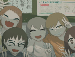 Rule 34 | 2girls, 3boys, :d, ^ ^, absurdres, arms around neck, avogado6, blush stickers, bright pupils, brown eyes, brown hair, censored, closed eyes, commentary, facing viewer, fang, glasses, grey hair, grey shirt, grin, hair ornament, hairclip, highres, looking at viewer, mosaic censoring, multiple boys, multiple girls, open mouth, orange shirt, original, parted bangs, shirt, short hair, skin fang, smile, teeth, translation request, v, white pupils
