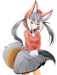 Rule 34 | 1girl, absurdres, animal ears, blazer, gloves, hat, highres, island fox (kemono friends), jacket, kemono friends, kemono friends v project, long hair, looking at viewer, necktie, open mouth, pantyhose, rascala39, school uniform, shirt, shoes, silver hair, simple background, skirt, smile, solo, tail, twintails, virtual youtuber