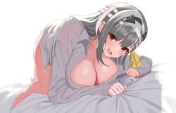 Rule 34 | 1girl, bandaged head, bandages, bed sheet, blush, breasts, cleavage, goddess of victory: nikke, grey hair, hair ribbon, highres, large breasts, long hair, looking at viewer, modernia (first affection) (nikke), modernia (nikke), official alternate costume, open mouth, red eyes, ribbon, sheet grab, shirt, sidelocks, simple background, solo, white background, white shirt, xi oshir1, yellow ribbon