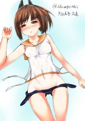 Rule 34 | 10s, 1girl, bare shoulders, blush, brown eyes, brown hair, highres, i-401 (kancolle), kantai collection, kuon (break through), looking at viewer, lying, on back, ponytail, sailor collar, school uniform, serafuku, short hair, short ponytail, solo, swimsuit, unworn swimsuit, triangle mouth, wet, wet clothes