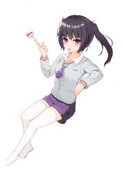 Rule 34 | 1girl, absurdres, black hair, breasts, cake, cake slice, canizzz, collarbone, collared shirt, dress shirt, food, fork, full body, hand up, highres, holding, holding fork, long sleeves, looking at viewer, necktie, no shoes, open mouth, original, purple eyes, purple necktie, purple skirt, school uniform, shirt, side ponytail, simple background, sitting, skirt, small breasts, solo, striped necktie, striped neckwear, thighhighs, thighs, twintails, white background, white shirt, white thighhighs, wing collar