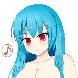 Rule 34 | &gt;:3, 1girl, :3, bad id, bad pixiv id, blue hair, blush, breasts, cleavage, collarbone, hair ornament, hairclip, highres, hinanawi tenshi, long hair, looking at viewer, musical note, nekoda (maoda), nude, quaver, red eyes, smile, smug, solo, spoken musical note, touhou, tsurime, upper body, v-shaped eyebrows