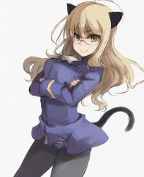 Rule 34 | 1girl, animal ears, black pantyhose, blonde hair, blush, cat ears, cat tail, crossed arms, crotch seam, glasses, jonasan, long hair, military, military uniform, panties, panties under pantyhose, pantyhose, pepe (jonasan), perrine h. clostermann, smile, solo, strike witches, tail, underwear, uniform, world witches series, yellow eyes