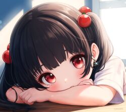 Rule 34 | 1girl, blush, brown hair, comodomodo, earrings, expressionless, hair bobbles, hair ornament, head on table, head rest, highres, indoors, jewelry, long hair, looking at viewer, lulla (comodomodo), original, red eyes, shirt, short sleeves, solo, white shirt, window