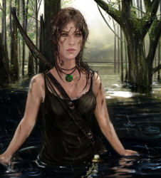 Rule 34 | 1girl, blood, bow (weapon), brown eyes, brown hair, dirty, jewelry, lara croft, long hair, necklace, rain, sky, solo, tank top, tomb raider, tomb raider (reboot), tree, water, weapon, wet