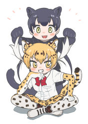 Rule 34 | 2girls, animal ears, animal print, appleq, behind another, black hair, black leopard (kemono friends), black shirt, blonde hair, blush, bow, bowtie, breast pocket, commentary request, extra ears, full body, gloves, green eyes, grin, hair lift, hand on own chin, hand on own leg, hand up, hands up, highres, holding, holding own hair, indian style, kemono friends, kneeling, leopard (kemono friends), leopard ears, leopard print, leopard tail, lifting another&#039;s clothes, long hair, looking at viewer, multicolored hair, multiple girls, open mouth, pocket, print gloves, print legwear, print skirt, red neckwear, shirt, shoes, short sleeves, sidelocks, simple background, sitting, skirt, smile, tail, thighhighs, twintails, v-shaped eyebrows, white background, white hair, white shirt, yellow eyes, zettai ryouiki