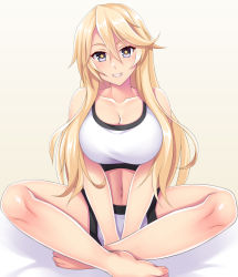 Rule 34 | 1girl, absurdres, alternate costume, barefoot, blonde hair, blue eyes, breasts, collarbone, hair between eyes, highres, indian style, iowa (kancolle), kantai collection, large breasts, long hair, navel, ruin re birth, short shorts, shorts, sitting, smile, solo, sports bra, star-shaped pupils, star (symbol), symbol-shaped pupils, white shorts, white sports bra