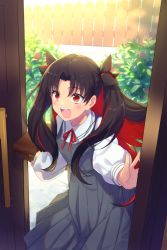 Rule 34 | 1girl, black bow, black hair, blush, bow, briefcase, commentary request, day, doorway, dress, echo (circa), fate/grand order, fate (series), grey dress, hair between eyes, hair bow, hair ornament, holding, holding briefcase, ishtar (fate), long hair, long sleeves, multicolored hair, neck ribbon, open mouth, opening door, pinafore dress, pov doorway, red eyes, red hair, red ribbon, ribbon, school briefcase, school uniform, shirt, sleeveless, sleeveless dress, smile, solo, space ishtar (fate), sunlight, tohsaka rin, twintails, two-tone hair, white shirt