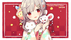 Rule 34 | 1girl, 2020, ahoge, animal, blush, brown hair, chinese zodiac, english text, floral print, flower, fur collar, hair flower, hair ornament, hairclip, hands up, happy new year, head tilt, holding, holding animal, japanese clothes, kanzashi, kimono, koguma105, long hair, long sleeves, mouse (animal), new year, open mouth, original, red eyes, smile, solo, wide sleeves, year of the rat