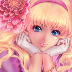 Rule 34 | 00s, 1girl, blonde hair, blue eyes, flower, gloves, hairband, hands on own face, jewelry, looking at viewer, macross, macross frontier, mamoru, mamoru (mamoru jinja), ring, sheryl nome, solo