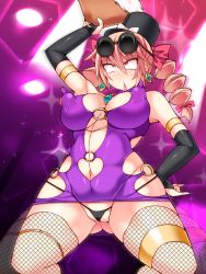 Rule 34 | 1girl, ahegao, bare shoulders, bodycon, breasts, bridal gauntlets, clothing cutout, covered erect nipples, curvy, dress, elbow gloves, female focus, fishnet legwear, fishnets, g-string, gloves, hat, heart cutout, hip vent, hisui (stapspats), large breasts, lingerie, long hair, microdress, minidress, moaning, navel cutout, nipples, partially visible vulva, puffy nipples, revealing clothes, shiny skin, spread legs, sunglasses, sunglasses on head, sweat, thighs, thong, touhou, twintails, underwear, whale tail (clothing), yorigami jo&#039;on