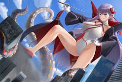 Rule 34 | 1girl, bb (fate), bb (fate) (all), bb (swimsuit mooncancer) (fate), bb (swimsuit mooncancer) (third ascension) (fate), black coat, blue sky, breasts, building, cityscape, cloud, coat, commentary request, day, dutch angle, fate/grand order, fate (series), giant, giantess, gloves, hand on own hip, high heels, highleg, highleg leotard, highres, large breasts, leotard, looking at viewer, neck ribbon, outdoors, pointer, popped collar, purple eyes, purple hair, red footwear, red ribbon, ribbon, sky, solo, tentacles, tomoshibi (fuuzen no tomoshibi), tongue, tongue out, white gloves, white leotard