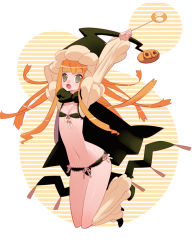 Rule 34 | 1girl, bad id, bad pixiv id, bow, cape, flat chest, green eyes, hat, jack-o&#039;-lantern, lace, long hair, midriff, orange hair, panties, pumpkin, solo, tensugi takashi, underwear, wand, witch, witch hat, wizard hat