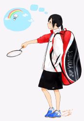Rule 34 | 1girl, backpack, badminton racket, bag, black eyes, black hair, black skirt, closed mouth, cloud, contrapposto, dated, expressionless, from side, grey background, hands in pockets, highres, holding, jacket, long sleeves, medium hair, original, ponytail, profile, racket, rainbow, sako (35s 00), shoes, simple background, skirt, solo, standing, thinking, thought bubble, white jacket