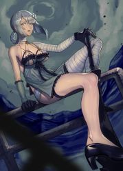 Rule 34 | 1girl, bandaged arm, bandaged neck, bandages, bare shoulders, black bow, black gloves, blue eyes, bow, braid, breasts, cleavage, clothing cutout, cloud, cloudy sky, collarbone, detached sleeves, diagonal bangs, flower, frills, gloves, hair flower, hair ornament, highres, holding, holding weapon, kaine (nier), lingerie, lips, looking to the side, medium breasts, negligee, nier, nier (series), outdoors, panties, side slit, sidelocks, sitting, sky, solo, standing, swept bangs, sword, thighs, udakyo, underwear, weapon, white flower, white negligee, white panties, wind, wind lift