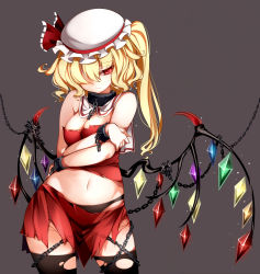 Rule 34 | 1girl, absurdres, bare shoulders, black panties, black thighhighs, blonde hair, breasts, broken, broken chain, capelet, chain, chained, cleavage, collar, commentary request, cowboy shot, crystal, flandre scarlet, grey background, hair over one eye, hat, highres, long hair, medium breasts, metal collar, mob cap, navel, one side up, panties, raptor7, red eyes, red shirt, red skirt, see-through, shirt, simple background, skirt, solo, stomach, thighhighs, torn clothes, torn skirt, torn thighhighs, touhou, underwear, wings
