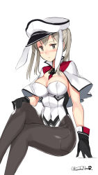 Rule 34 | 10s, 1girl, animal ears, black gloves, black pantyhose, blush, breasts, capelet, covered erect nipples, covered navel, crossed legs, fake animal ears, gloves, graf zeppelin (kancolle), grey eyes, grey hair, hand on own knee, hat, highres, invisible chair, kantai collection, kuro chairo no neko, large breasts, leotard, pantyhose, peaked cap, playboy bunny, rabbit ears, simple background, sitting, sketch, solo, twintails, twitter username, white background