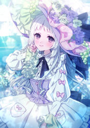 Rule 34 | + +, 1girl, black ribbon, blurry, blurry background, blush, corset, creatures (company), dress, flower, food, fruit, game freak, grapes, hand up, hat, hat flower, hat ornament, highres, long hair, long sleeves, moe (hamhamham), nintendo, personification, pocket, pokemon, puffy long sleeves, puffy sleeves, purple eyes, ribbon, smile, solo, very long hair, white hair