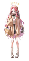 Rule 34 | 1girl, absurdres, alternate costume, beret, blue archive, blush, bow, brown hat, brown jacket, closed mouth, coffee cup, cup, disposable cup, full body, grey eyes, hair bow, halo, hat, highres, holding, holding cup, jacket, long hair, long sleeves, looking at viewer, open clothes, open jacket, red hair, revision, shoes, simple background, smile, socks, solo, starbucks, tiokun7, white background, white bow, white footwear, white socks, yellow halo, yuzu (blue archive)